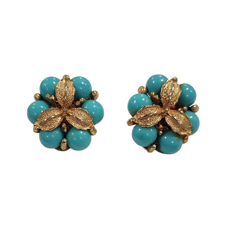 Vintage Mid-Century Gold-tone Trefoil Leaf Turquoise Beads Clip-on Stud Earrings